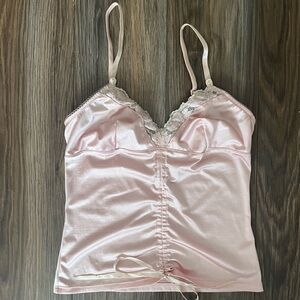 Pink Satin Camisole with Lace Trim
